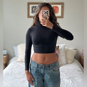Los Angeles Apperal Garment Dyed Black Long Sleeve Turtleneck Crop Top